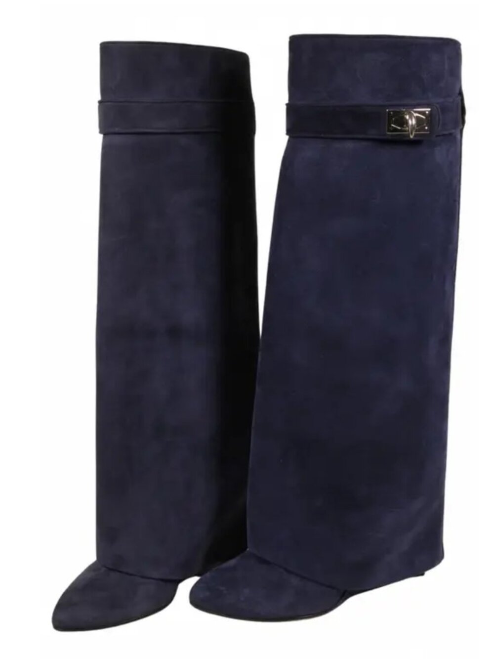Givenchy Paris Shark Lock Knee High Boots EU 38.5 Navy Blue Suede Fold Over